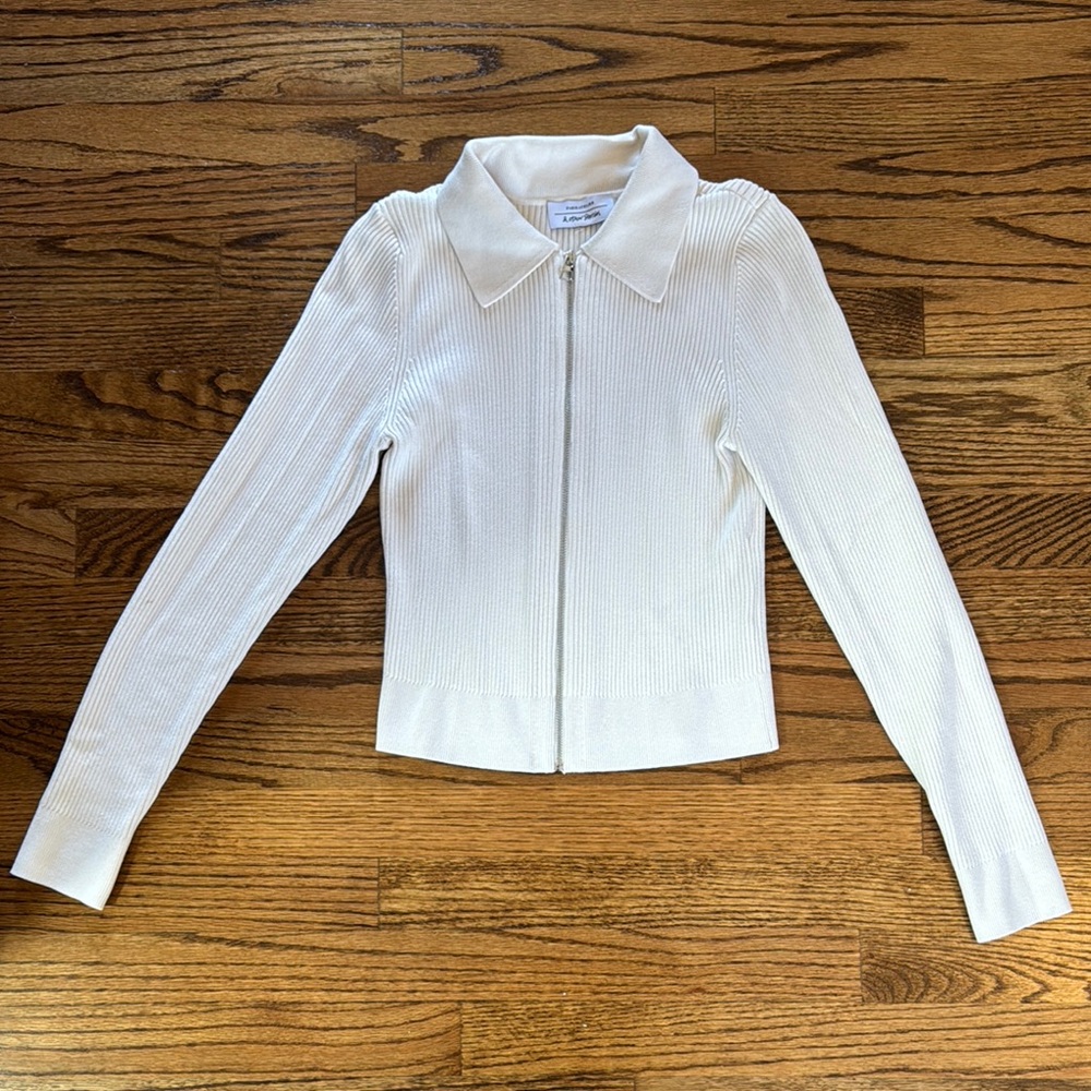 White Ribbed Zip-Up Sweater